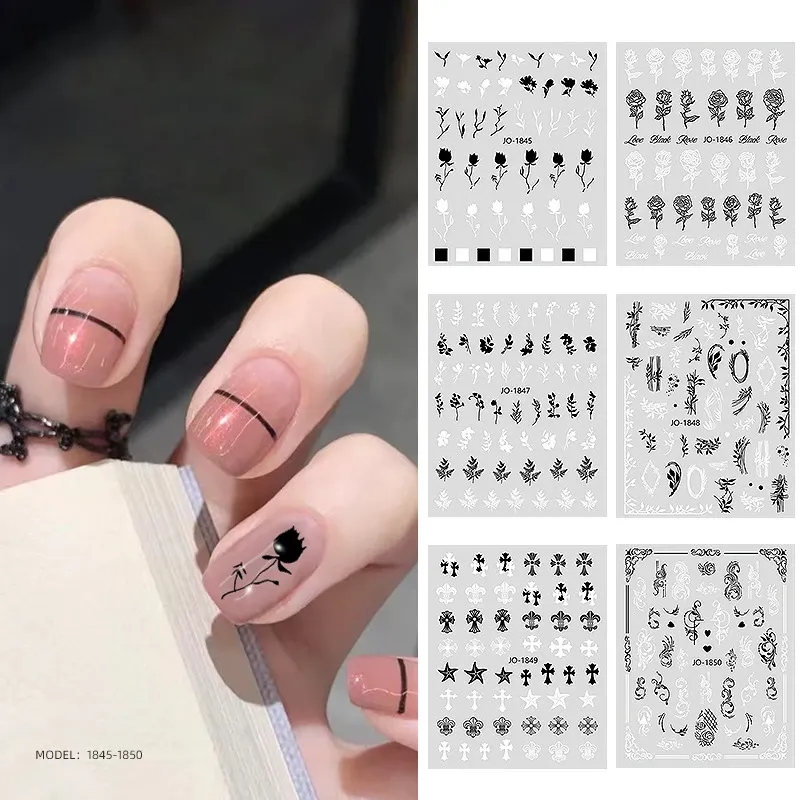 Black White Cross Punk Style Nail Art Sticker Hexagonal Star Hand Painted Rose Flowers Decals 3 D.jpg Q90.jpg 