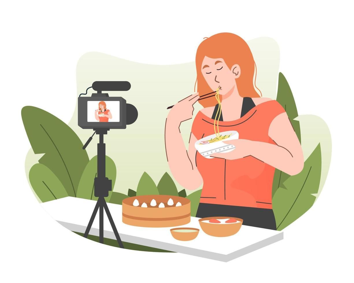 Woman Food Vlogger Eating Noodles While Recording Video for Her Online Video Channel Content Creator Sharing Online Food Review Using Camera Food Blogger Concept Free Vector